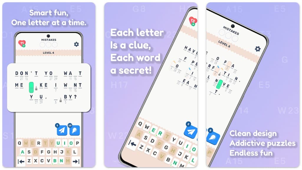 Cryptogram puzzle game screens with keyboard and level UI