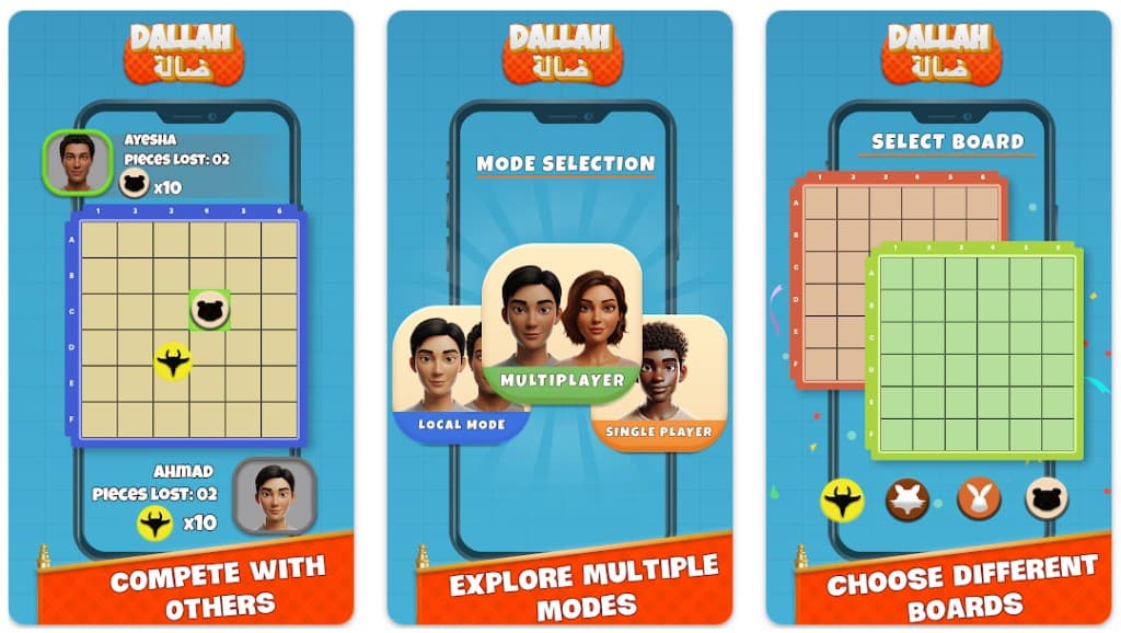 Dallah mobile game screenshots: compete, modes, and board selection