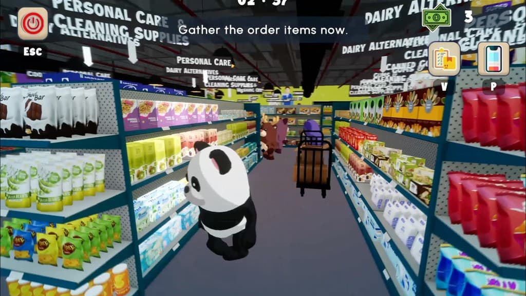 Delive R us third-person supermarket level with character and HUD