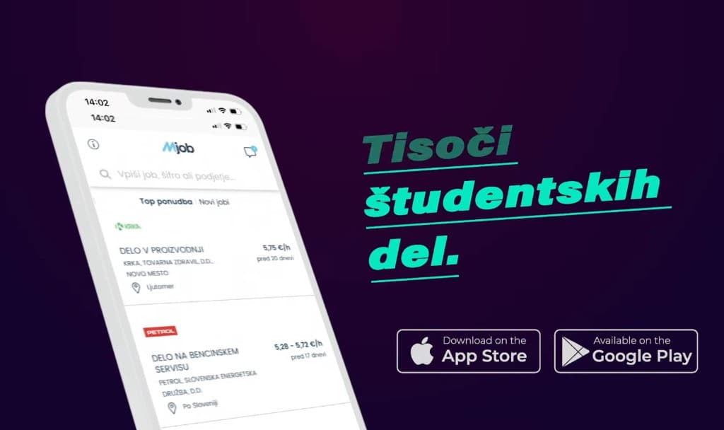MJob app promo with phone mockup and student job listings