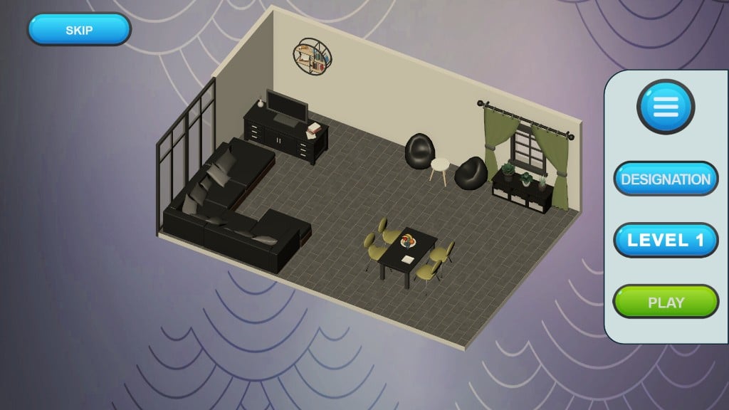 Cozy Jozy isometric living room scene with design game UI