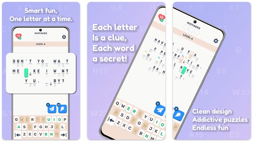 Cryptogram puzzle game screens with keyboard and level UI