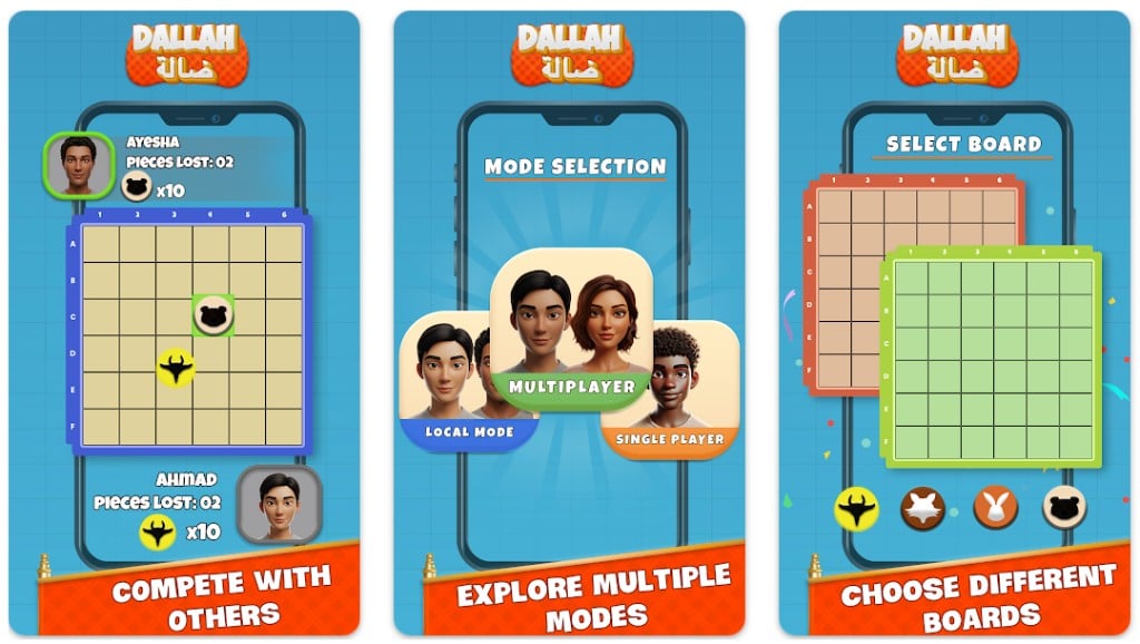 Dallah mobile game screenshots: compete, modes, and board selection